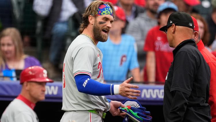 Phillies' Bryce Harper ejected after striking out in first inning against Rockies