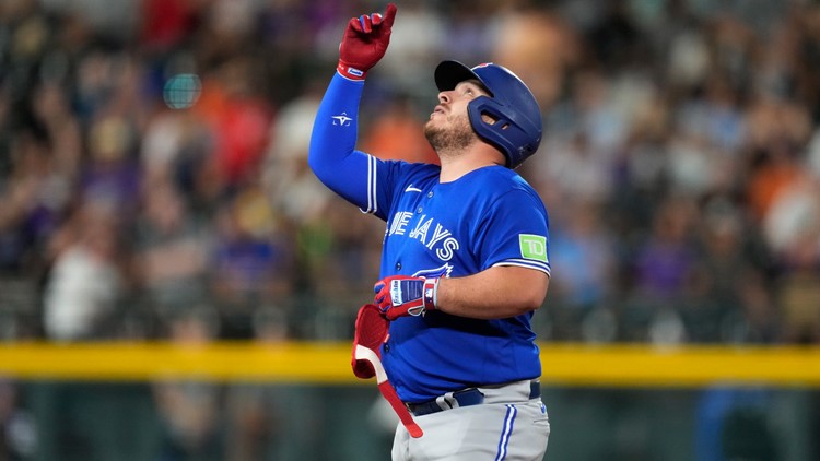 Kirk's pinch-hit double and 3 homers by Toronto power the Blue Jays past the Rockies 13-9