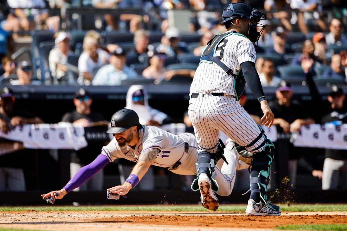 Jake Cave drives in 3 runs as Rockies beat Yankees 9-2; Aaron Judge’s consecutive game HR streak ends