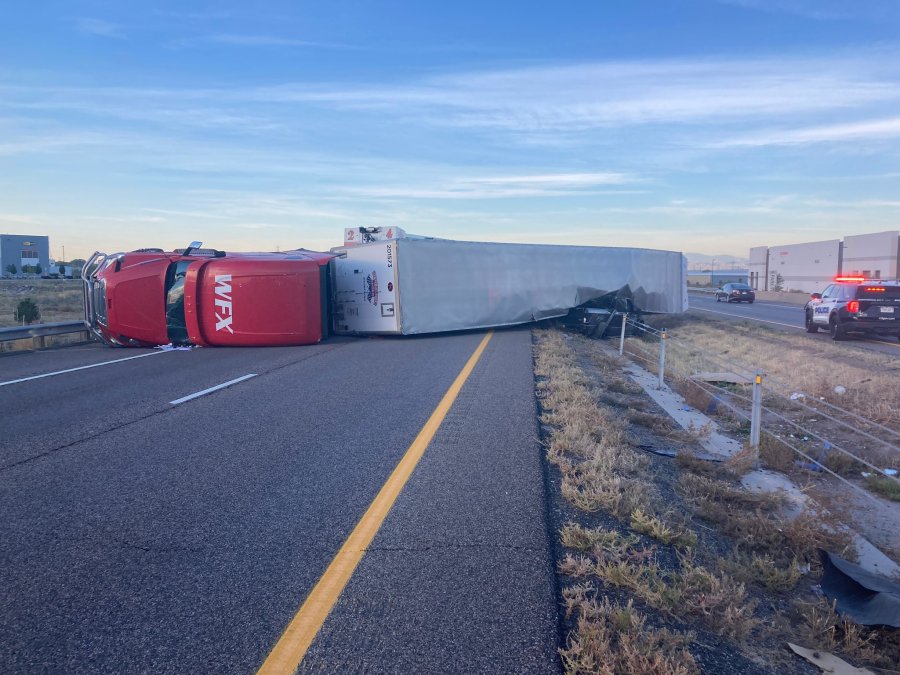 Overturned semi blocks eastbound I-76 in Commerce City